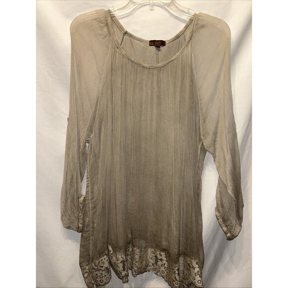 AMANTI Silk Chiffon Taupe blouse Women’s Small Lace Italy Lagenlook Quiet Luxury - Picture 15 of 15